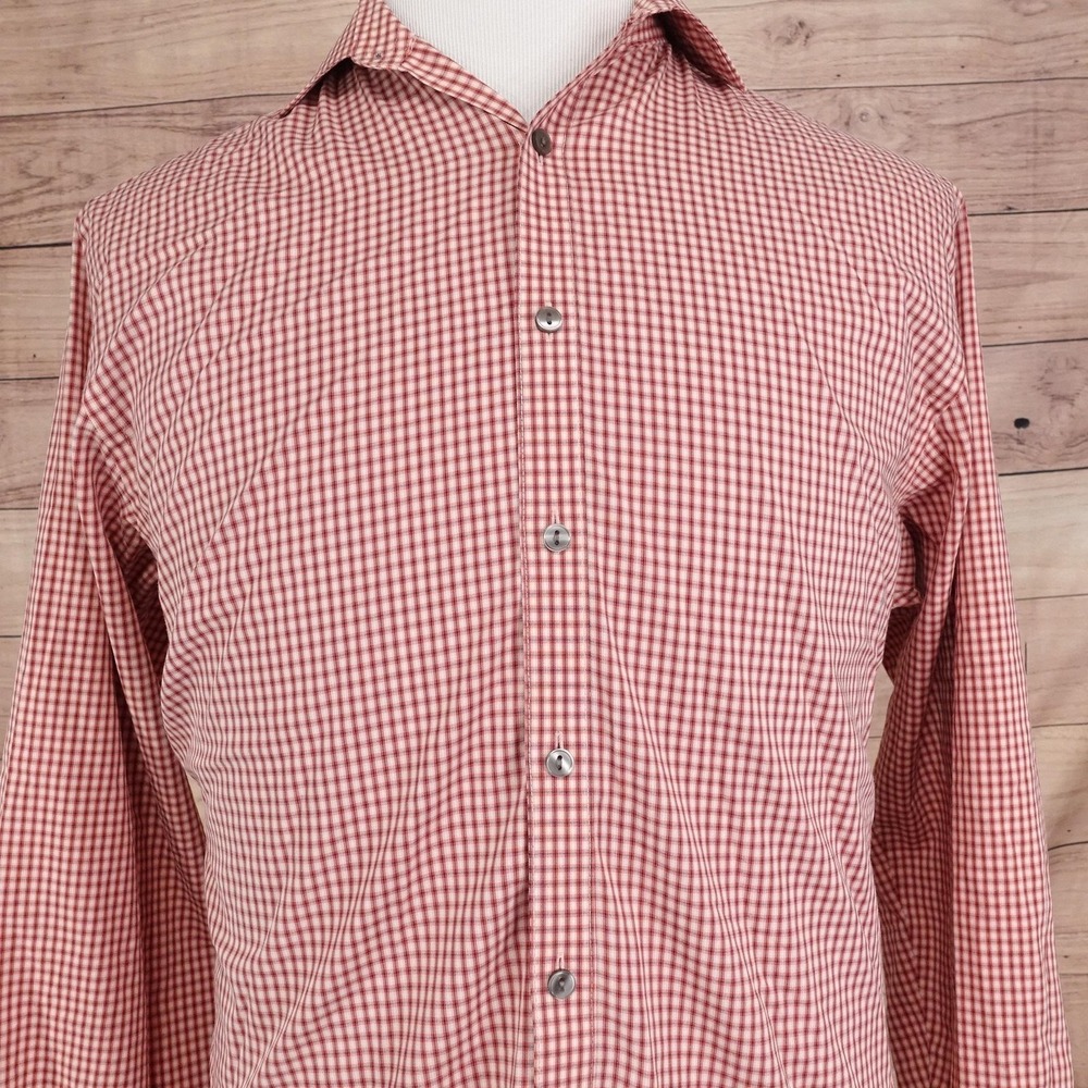 Van Heusen Studio Dress Shirt Mens 15.5 32/33 Red Gingham‎ Slim Fit Wrinkle Free